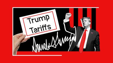 Trump Gümrük İdaresi - poster tabelası konsepti. Donald Trump yumruğunu kaldırdı ve elinde Trump işareti var..