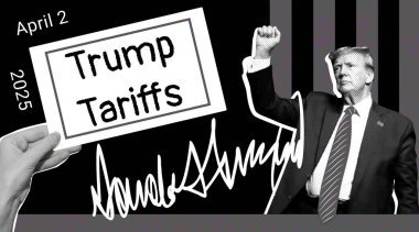 Trump Gümrük İdaresi - poster tabelası konsepti. Donald Trump, yumruğunu kaldırmış ve Trump imzalı bir plaketi tutan bir el. .