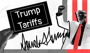 Trump Gümrük İdaresi - poster tabelası konsepti. Donald Trump yumruğunu kaldırdı ve elinde Trump işareti var..