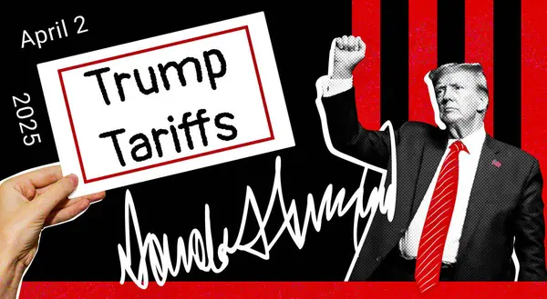 Trump Gümrük İdaresi - poster tabelası konsepti. Donald Trump yumruğunu kaldırdı ve elinde Trump imzası var. Yarım ton efektli kolaj.