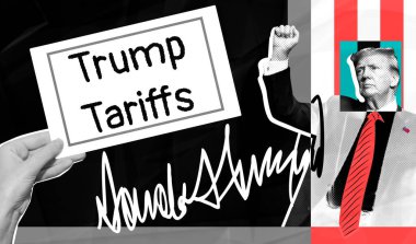 Trump Gümrük İdaresi - poster tabelası konsepti. Donald Trump yumruğunu kaldırdı ve elinde Trump işareti var..