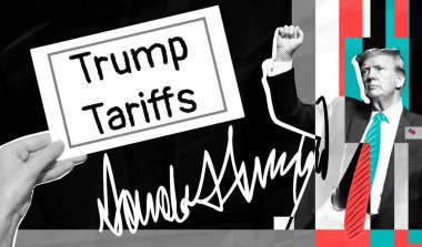 Trump Gümrük İdaresi - poster tabelası konsepti. Donald Trump yumruğunu kaldırdı ve elinde Trump işareti var..