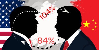 Donald Trump ve Xi Jinping, Amerikan ve Çin bayraklarına karşı yüzde 104 ve 84 oranında gümrük vergisi ile .