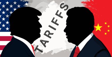 Donald Trump ve Xi Jinping, Amerikan ve Çin bayraklarının arka planında yazılı tarifelerle karşılaşıyorlar..