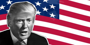 Amerikan bayrağının arka planında yarım ton etkisi olan Donald Trump 'ın portresi.
