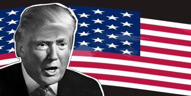 Amerikan bayrağının arka planında yarım ton etkisi olan Donald Trump 'ın portresi.