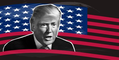 Amerikan bayrağının arka planında yarım ton etkisi olan Donald Trump 'ın portresi.