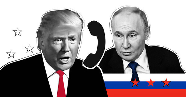 Portrait of Donald Trump , Vladimir Putin and telephone receiver. Halftone collage effect.