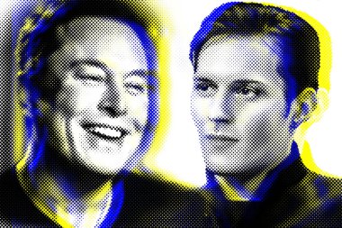 Amerikan girişimci, mühendis Elon Musk ve Pavel Durov 'un portresi Telegram habercisinin kurucusudur. Yarıton etkisi.