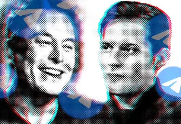 Amerikan girişimci, mühendis Elon Musk ve Pavel Durov 'un portresi Telegram habercisinin kurucusudur. Yarıton etkisi.