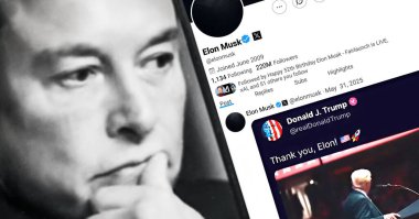 Bernkastel-Kues, Almanya - 31 Mayıs 2025: Elon Musk Twitter profili sayfası ve yeni bir akıllı telefon tweeti. Arka planda Elon Musk 'un odaksız bir portresi var..