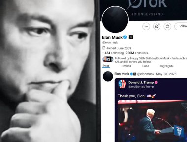 Bernkastel-Kues, Almanya - 31 Mayıs 2025: Elon Musk Twitter profili sayfası ve akıllı telefondan yeni bir tweet. Arka planda Elon Musk 'un odaksız bir portresi var..