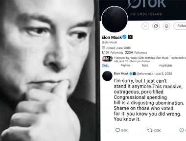 Bernkastel-Kues, Almanya - Haziran 03, 2025. Elon Musk 'ın Twitter profil sayfasında akıllı telefondan yeni bir tweet var. Arka planda Elon Musk 'un odak dışı bir portresi var..