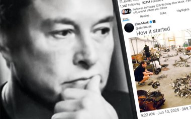 Bernkastel-Kues, Almanya - 13 Haziran 2025. Elon Musk Twitter profili sayfasında akıllı telefondan yeni bir tweet var. Arka planda Elon Musk 'un odak dışı bir portresi var..