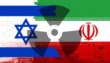 Nükleer ikonlu İsrail ve İran bayrakları.