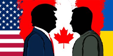 Ukrayna Cumhurbaşkanı Volodymyr Zelensky ve Donald Trump 'ın silueti Ukrayna, ABD ve Kanada bayraklarının arka planına karşı.