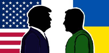 Ukrayna Cumhurbaşkanı Volodymyr Zelenskyy ve Donald J. Ukrayna ve ABD bayraklarının arka planında Trump
