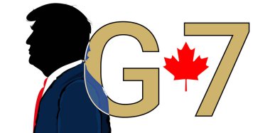 Beyaz arkaplanda Donald Trump 'ın silüeti ve G7 metni ve Kanada' nın akçaağaç yaprağı sembolü.