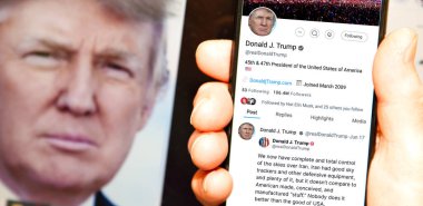 17 Haziran 2025. Almanya. Bernkastel-Kues. Donald Trump 'ın cep telefonundaki profili ve Trump' ın laptop ekranındaki portresi. Donald Trump Twitter.