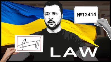 Ukrayna Devlet Başkanı Volodymyr Zelensky 'nin portresi. Başkan tarafından imzalanan 12414 sayılı yasa tasarısı.