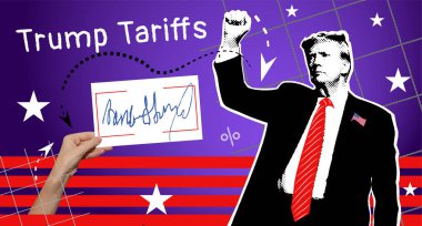 Donald Trump, ABD bayrağının arka planına ve Trump tarifelerinin metnine karşı.