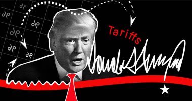 Donald Trump 'ın portresi, imzası ve siyah bir arkaplanda Trump Gümrük İlanı. Yarım ton etkisi.