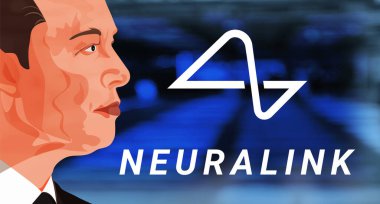 İşadamı Elon Musk 'ın portresi ve mavi arka planda Nöroalink şirketinin logosu..