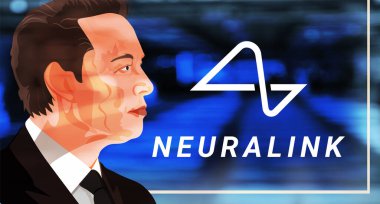 İşadamı Elon Musk 'ın portresi ve mavi arka planda Nöroalink şirketinin logosu..