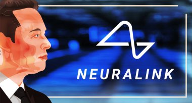 İşadamı Elon Musk 'ın portresi ve mavi arka planda Nöroalink şirketinin logosu..