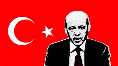 Türkiye Cumhurbaşkanı Recep Tayyip Erdoğan 'ın portresi Türk bayrağının arkaplanına karşı.