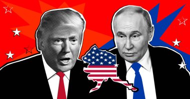 Donald Trump 'ın portresi, Vladimir Putin ve Amerikan bayrağı desenli Alaska haritası. Yarı ton kolaj etkisi.