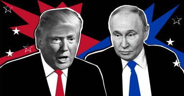 Donald Trump 'ın portresi, Vladimir Putin. Yarı ton kolaj etkisi.