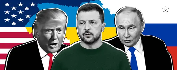 Donald Trump, Volodymyr Zelenskyy, Vladimir Putin 'in portresi Ukrayna, Rusya ve Amerika' nın bayraklarına karşı.