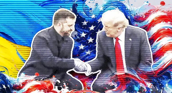 Donald Trump 'ın portresi, Volodymyr Zelensky, Ukrayna ve Amerika' nın bayraklarına karşı.