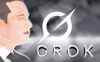 Elon Musk ve Grok logosunun portresi, X platformuna erişimi olan bir asistan, eski Twitter ve internet.