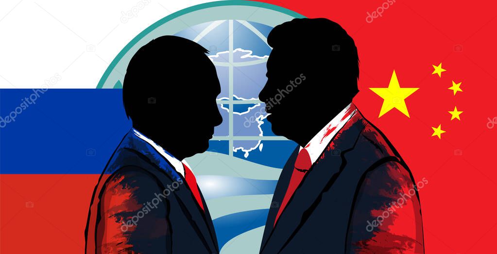 Silhouette of Xi Jinping and Vladimir Putin against the backdrop of the Chinese flag and an element of the SCO logo.