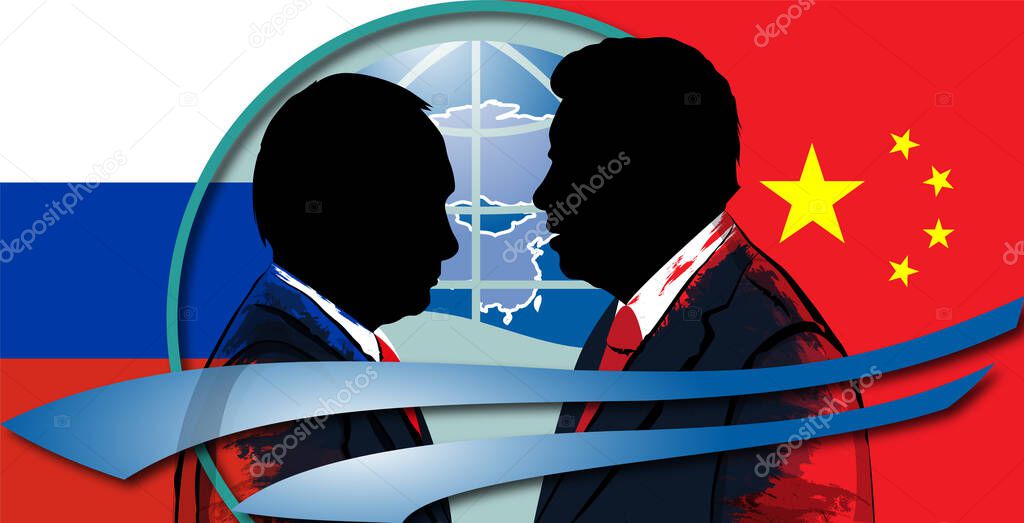 Silhouette of Xi Jinping and Vladimir Putin against the backdrop of the Chinese flag and an element of the SCO logo.
