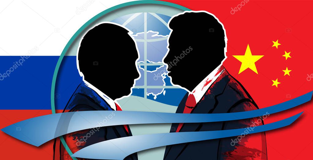 Silhouette of Xi Jinping and Vladimir Putin against the backdrop of the Chinese flag and an element of the SCO logo.