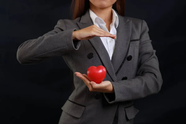 Attractive Professional Female Hands Standing Show Protecting Red Heart Advertising — Stock Photo, Image