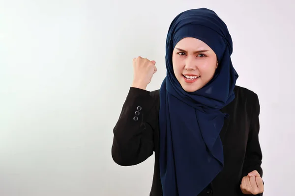 Happy Smart Asian Business Woman Muslim Dress Standing Raising Hands — Stock Photo, Image