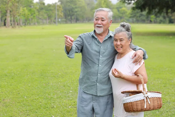 Happy asian senior man and woman walking and hugging while pointing something with picnic basket in garden outdoor. Lover couple going to picnic at the park. Happiness marriage lifestyle concept.