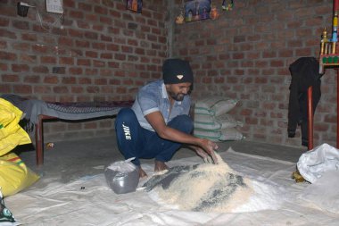 09-12-2021 Indore, Madhya Pradesh, Hindistan. Hintli çiftçi gübre elementlerini evde gübreye karıştırıyor. seçici odak