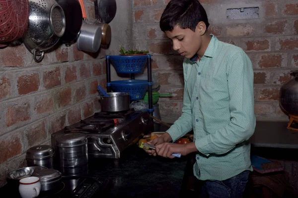 Indian rural boy cutting gourd in the kitchen, kitchen concept, brick wall background