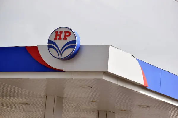 stock image 08-17-2023, Agra, U.P. India. Hindustan Petroleum Corporation Limited logo over gas station