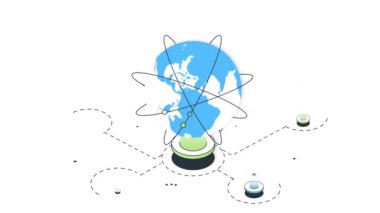 Genel ağ bağlantısı video konsepti. Küre, zarf ve kablosuz internet ile hareket eden poster. Sosyal ağlar, internet ve yenilikçi teknolojilerde iletişim. Isometric grafik çizgi film