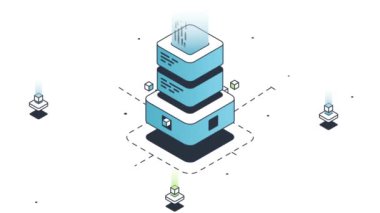 Sunucu video konseptini sunuyorum. Yerel sunuculara veya web sayfalarına bilgi ileten merkezi veritabanı olan poster taşınıyor. Veri koruması ya da bulut bilgisayarı. Isometric grafik çizgi film