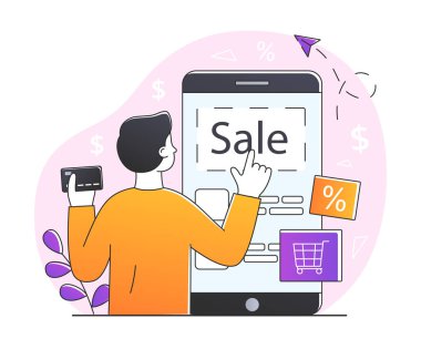 Çevrimiçi terminal kullanan adam. Genç adam parayı transfer ediyor, faturaları internette ödüyor. Elektronik işlemler ve bankacılık işlemleri, modern teknolojiler ve dijital dünya. Çizgi film düz vektör çizimi