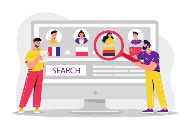 İnsanlar dil öğreniyor. Elinde büyüteç olan gençler bilgisayardaki diğer ülkelerin ikonlarına bakıyorlar. Uzaktan eğitim, eğitim, ödev. Poster ya da afiş. Çizgi film düz vektör çizimi