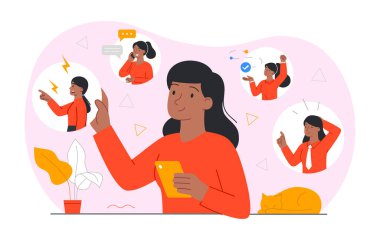 Duygularını ifade eden bir kadın. Farklı ruh halleri, yüz ifadeleri ve jestleri olan genç bir kız. Duygusal kişi, yansıma. Psikoloji ve akıl sağlığı konsepti. Çizgi film düz vektör çizimi