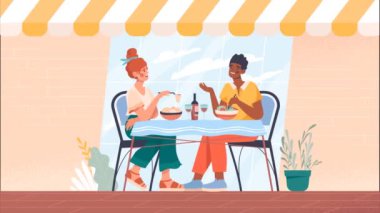 Kafede çift randevusu. Lokantada masada oturan, birbiriyle iletişim kuran ve lezzetli yiyecekler yiyen bir kadınla bir posterin yerini değiştirmek. Romantik bir buluşma. Düz grafik çizgi film